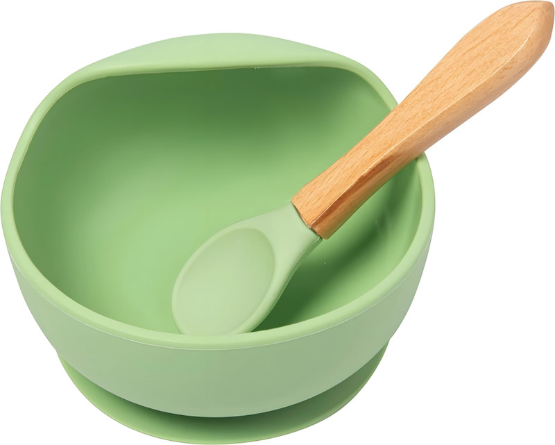 Housify Non‑Slip Silicone Baby Feeding Bowl & Wooden Handle Spoon – Microwave Safe Set  - SILICONE(Green)