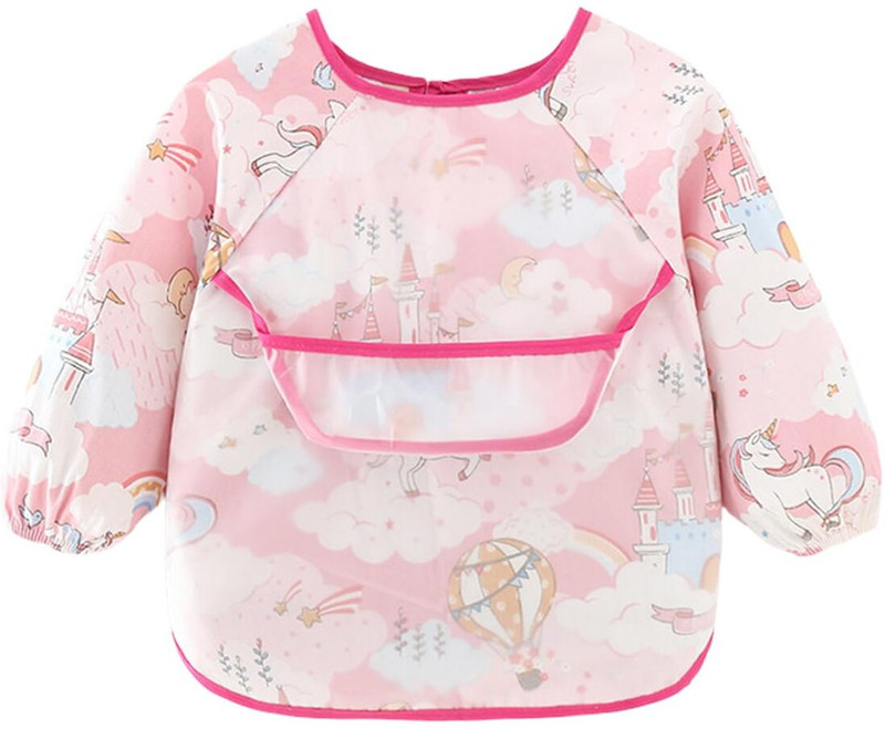 SNOWIE SOFT Unicorn Baby Bib Waterproof Long Sleeve Toddler Bibs with Crumb Catcher Pocket(Pink)