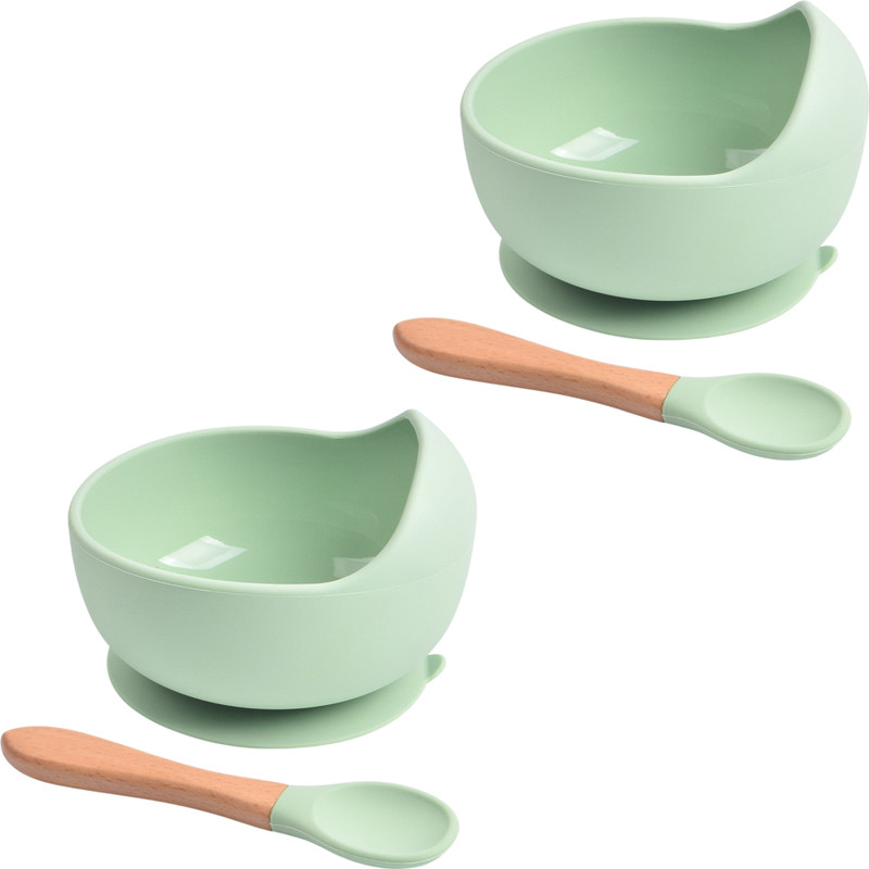 Lellow 2 Pcs Self-Feeding Silicone Baby Bowl & Spoon,Curved Walls | Strong Suction Base  - Hygienic Food Grade Silicone & Wooden(Mint Green)