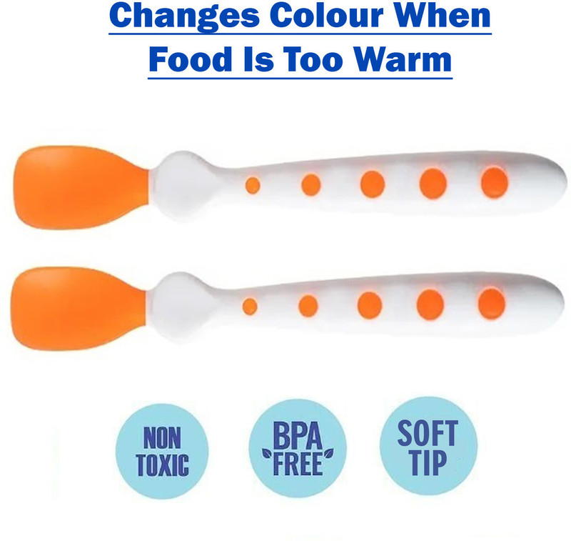 Mopslik Silicone Tip Heat Sensitive Baby Feeding Temperature Sensing Spoons (Orange)  - Silicone, Plastic(Orange)