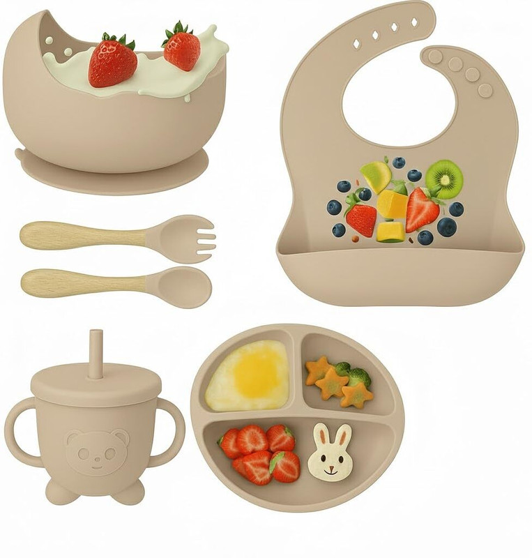 crega 6 Pcs Baby Silicone Mealtime Kit, Safe & Heat-Resistant for Toddlers  - Silicone(Cream)