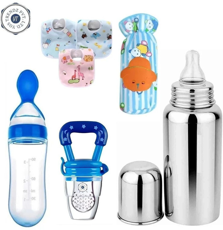 YOS TRENDZ Complete Baby Feeding Kit steel Bottle, Bibs,Food /fruit Feeder Bottle Cover  - Silicone(multicolour(AF))