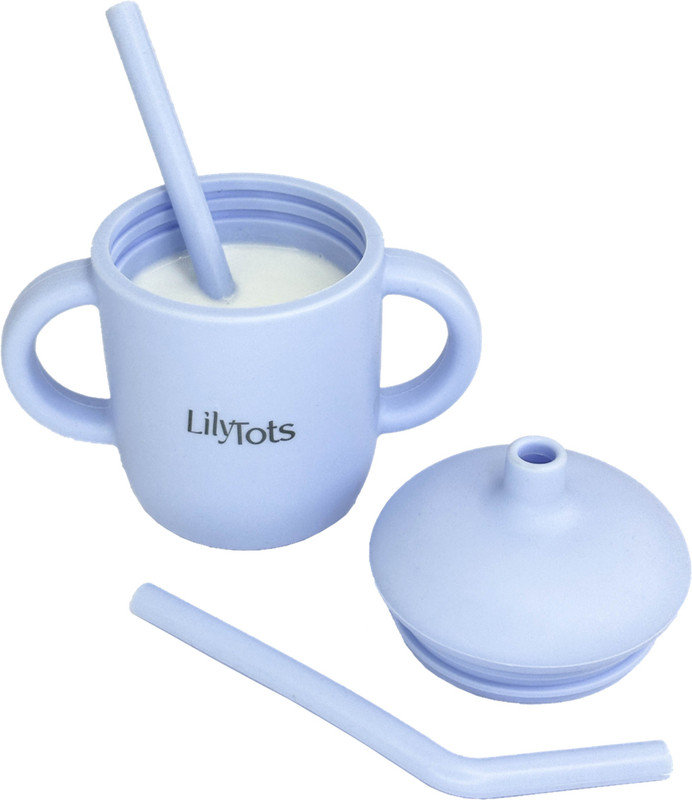 LilyTots Airtight Sippy Drinking Cup with Two Straws for Babies Made of 100% Food Grade - Soft & Flexible Silicone(Baby Blue)
