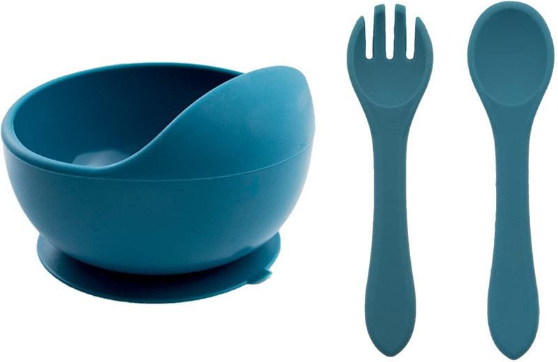 GUCHIGU Baby Feeding Bowl , Spoon & Fork Set with Suction Base Made of 100% BPA Free - Silicone(Shaded Spruce)