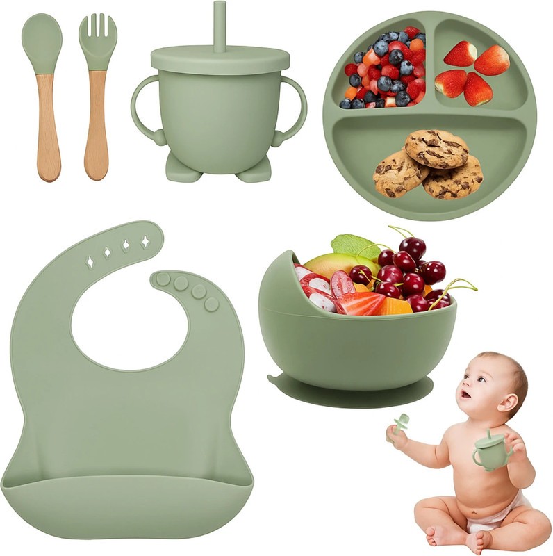 SAMVAT Toddler Feeding Kit – 6PCS Silicone Dishware, BPA-Free, Non-Toxic, Easy to Clean  - Silicone(Green)