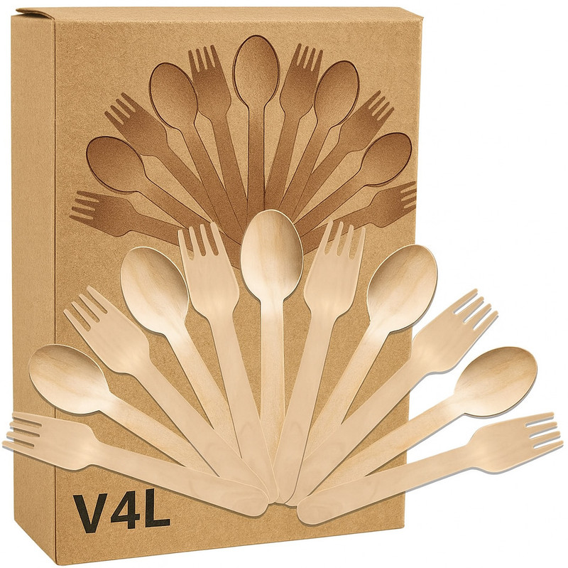 V4L Disposable Dining Flatware 50 Spoons & 50 Forks | Eco-Friendly  - Wooden(Brown)