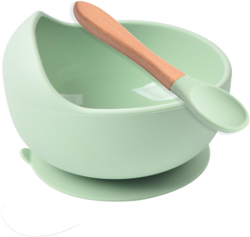 ESLORA Silicone Vegetable Bowl Silicone Baby Bowls with Spoon, Curved Walls for  - SILICON(Green)