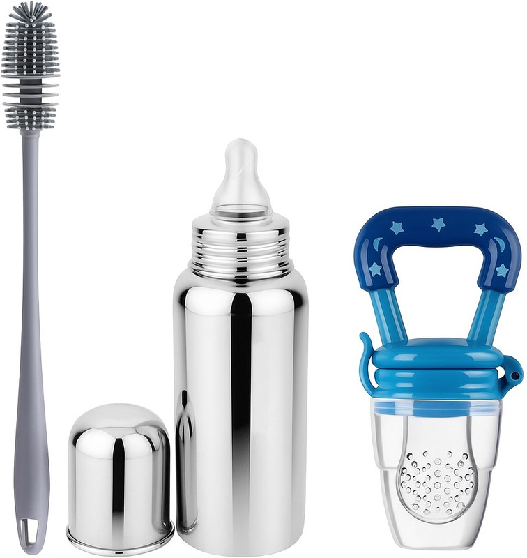 Goodies Outlet Stainless Steel Baby Feeding Bottle, 1 Nibbler & 1 Cleaning Brush Combo Set - Steel(Silver)