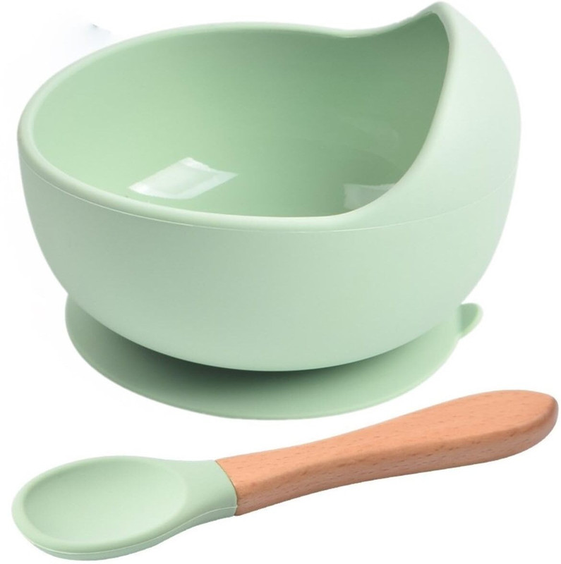 ceplo Baby Kids Feeding Silicone Bowl & Wooden Handle Spoon, Babies Bowl & Spoon Set - Silicone(Green)