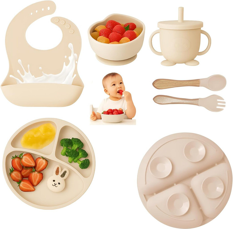 BIYALI Silicone Baby Feeding Set,6 Pcs Premium Toddler Utensils, Baby Feeding Supplies  - Silicone(Beige)