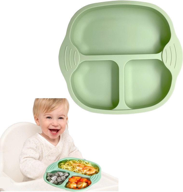YOMITH Silicone Baby Food Plate, Divided, Suction Base Dish for Toddler Infant Kids  - Food-Grade Silicone(Green)