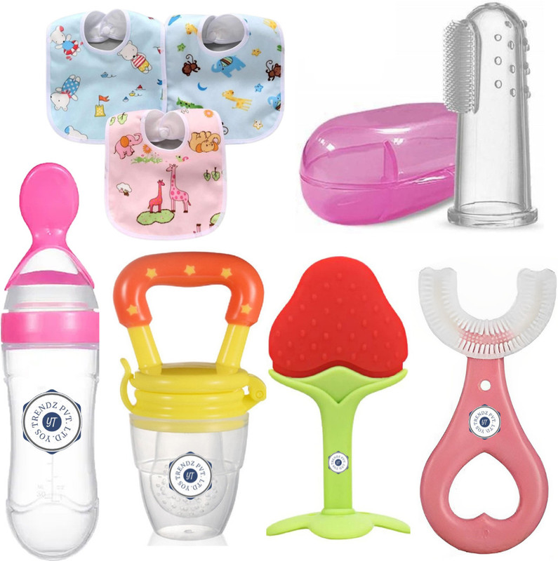 YOS TRENDZ Baby Fruit Feeder, Teether, Finger Brush, Bibs & Spoon Feeder Pack of 8  - Silicon(Multicolor)