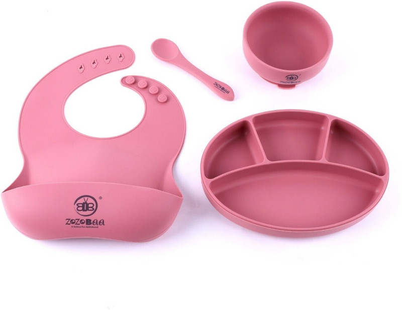 Zozobaa Silicone Baby Feeding Set -Bib, Spoon, Suction Base Plate, Suction Base Bowl  - 100 % Food Grade Silicone(Dark Red)