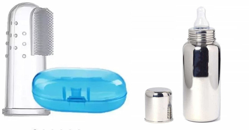 Aabhir Traders Baby Stainless Steel Feeding Bottle with Baby Finger Toothbrush Kit Combo Pack  - Silicone, Stainless Steel(Multicolor)