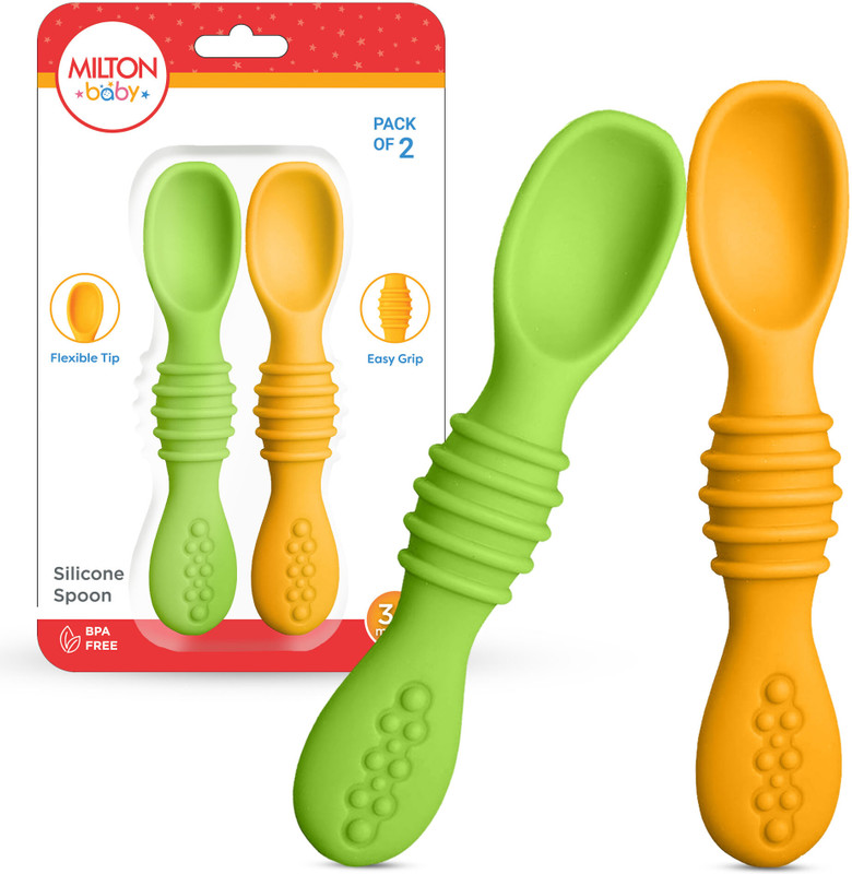 Milton Baby Silicone Pre Spoon Set Of 2 Soft BPA Free for Self Feeding Spoon Green Orange  - Silicone(Orange)