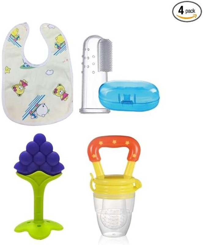 Nonababy 4-in-1 Baby Feeding & Teething Combo | Fruit Shape Silicone Teether, Food Feeder  - Silicon(Multicolor)
