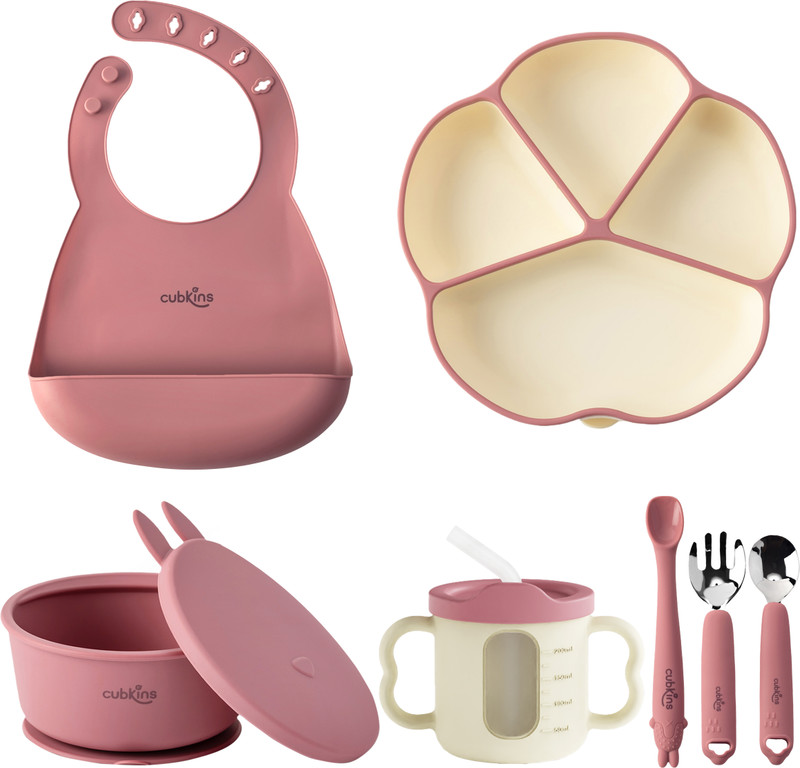 Cubkins 7 pcs Essential Feeding Set for Babies, Infants (0.3-5yrs)  - 100% Food Grade Silicone, Stainless Steel(Raspberry)
