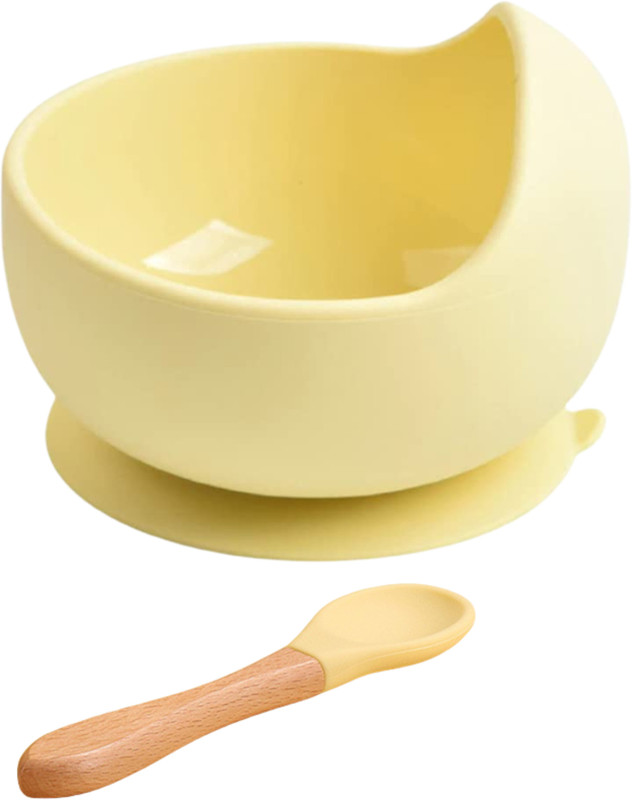 Lellow Self-Feeding Silicone Baby Bowl & Spoon, Curved Walls | Upgrade Strong Suction  - Hygienic Food Grade Silicone & Wooden(Corn Yellow)