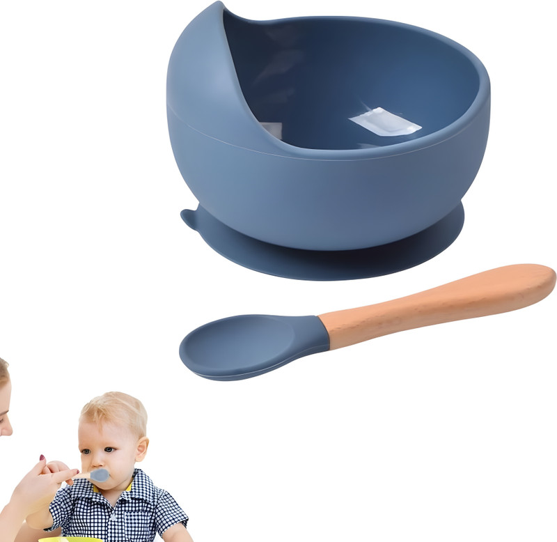 Housify Silicone Suction Baby Bowl & Wooden‑Handle Spoon Set – BPA‑Free, Unbreakable  - SILICONE(Blue)