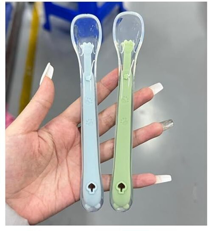cotzie Baby Silicone Feeding Spoon Set of 2 | Soft Tip Weaning Spoon with Long Handle  - 100% food grade silicone(Green & Blue)