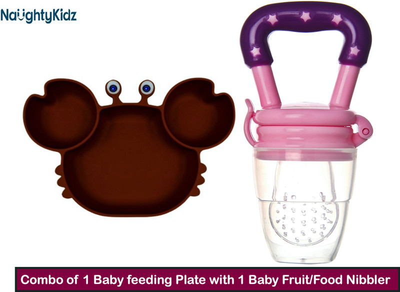 naughty kidz Combo of 1 Baby Food/Fruit Nibbler and 1 Baby Feeding Plate For Kids, Toddlers  - Baby Feeding Combo, Bpa Free, 3 Months+(Pink)