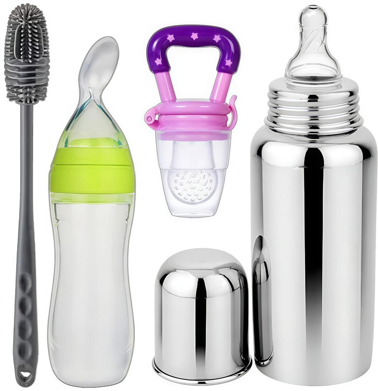 Nonababy Feeding Set, 4-Piece Combo with Stainless Steel Bottle, Silicone Spoon Feeder  - ‎BPA Free, Stainless Steel, food grade plastic(Multicolor)