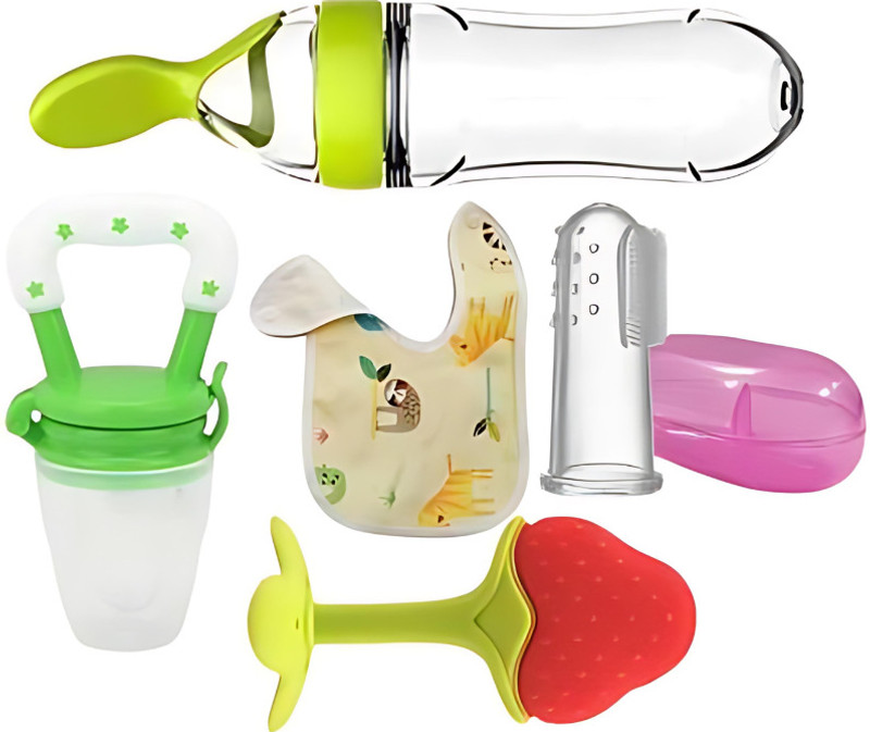 ASTRA Baby Food Feeding Spoon90ml, Fruit Feeder, Finger Brush, Bib, Strawberry Teether - SILICONE(Multicolor)
