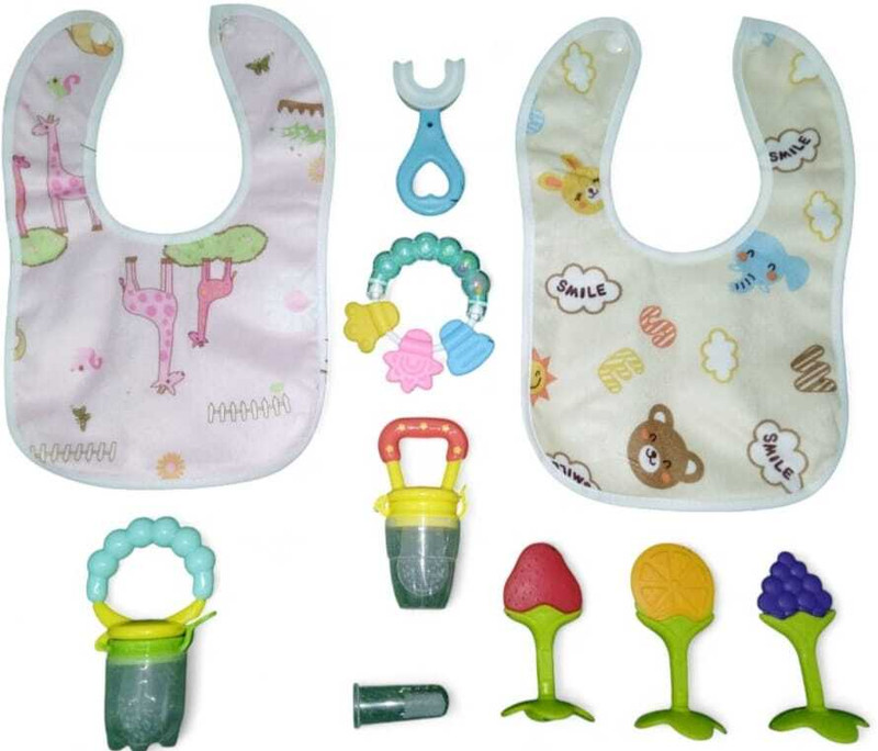 goyyoo Baby Care & Feeding Combo Set–Teethers, Bibs, U-Shape Toothbrush &Fruit Nibblers - Stainless steel, silicone(Multicolor)