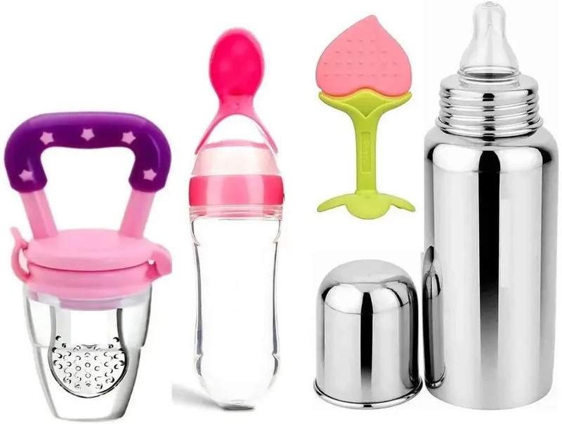 Flimora Stainless Steel feeding bottle with Nibbler, Bottle spoon & Teethers Soft Stick  - Silicone(Pink, Steel)