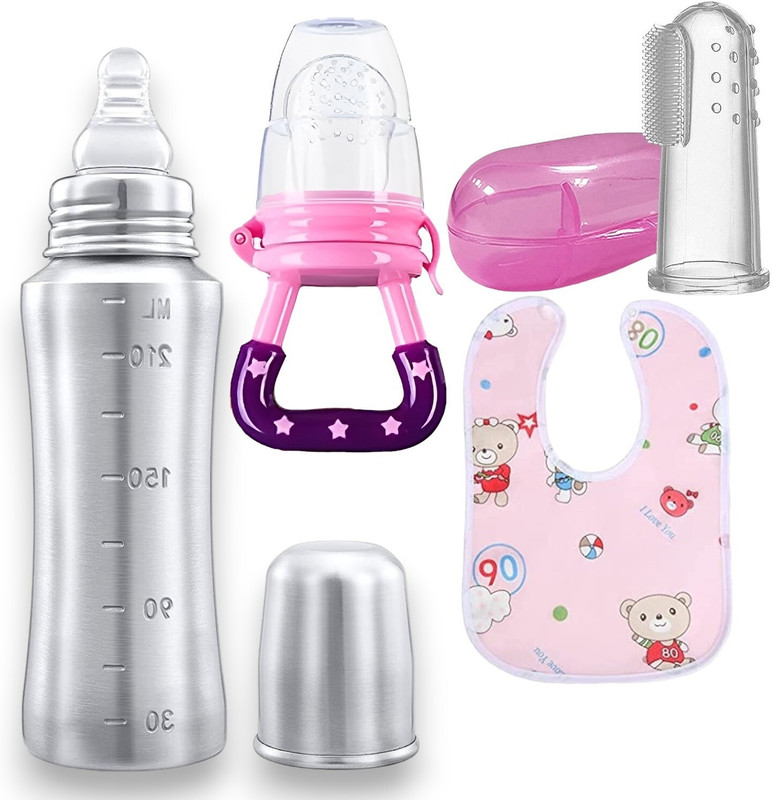 RB Point Combo of Finger Brush+Bottle+Baby Bib+Feeder Fruit Nibbler - Stainless Steel, Silicone, Food Grade Plastic(Silver, Multicolor)