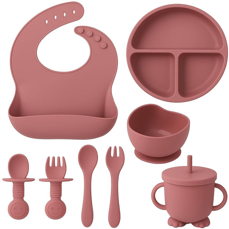GPNK 8 Pcs Silicon Baby Feeding Set Baby Suction Bowl Cup Fork Plate And Spoon  - Silicon(Pink)