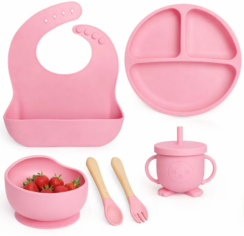 senonja Baby Silicone Feeding Set BPA Free Bowl Plate Spoon Cup Bib Pink  - food grade silicone(Pink)