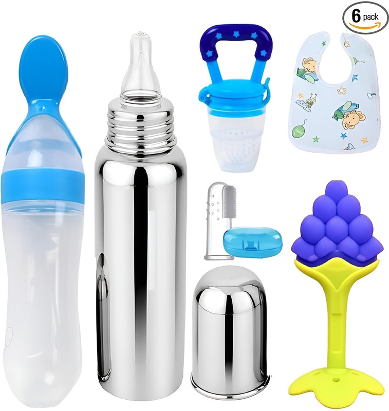 Nonababy Pack of 6 Steel Botle, Silicone Spoon, Nibbler, Teether, Bib & Finger Brush  - Food Grade Silicone, Stainless Steel, BPA-Free Plastic(Multicolor)