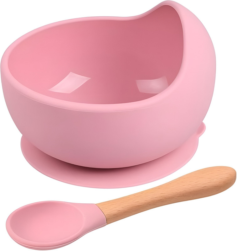 Foxin Premium Silicone Suction Bowl with Wooden Spoon – Baby Feeding & Spill Proof Set  - silicone(Pink)