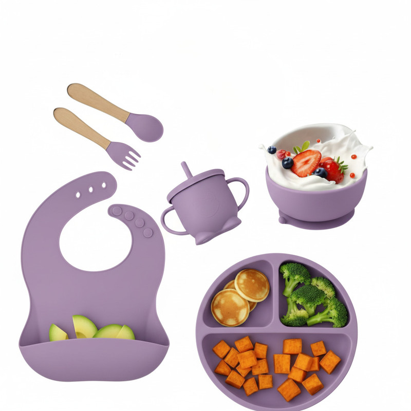 Edtepy 6PCS Baby Weaning Set & Non-Slip Suction Plate, Soft Bib, Cup & Utensils(Purple)  - Silicone-BPA Free(Purple)