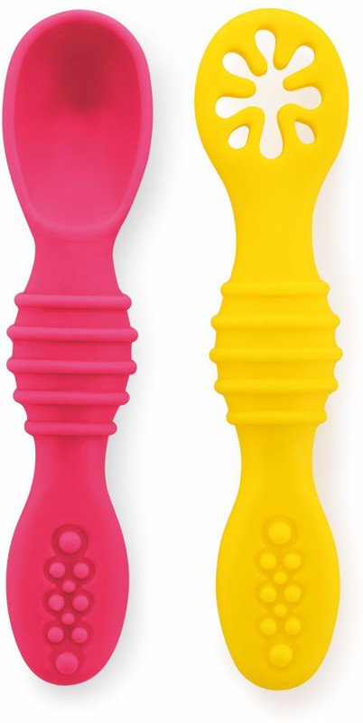 Beebaby Smushy Silicone Baby Self Feeding Spoon Set. Toddler Weaning Spoon. 100%BPA FREE  - 100% Food Grade Silicone(Pink_Yellow)