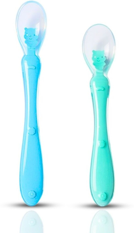 Zozobaa Silicone Baby Self Feeding Spoon with Ultra Soft Tip 4 M+  - 100 % Silicone - Food Grade(Blue & Green)