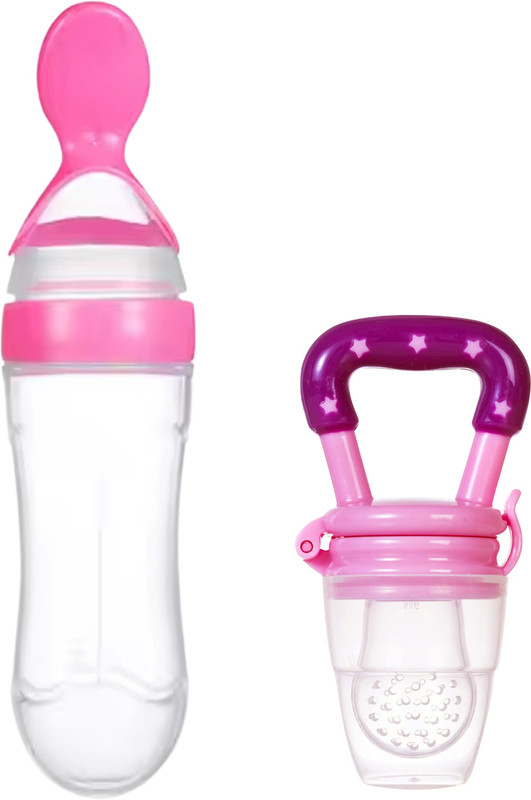 CATVIN Baby spoon feeder bottle with fruit nibbler for feeding Teether and Feeder - Silicone(Pink)
