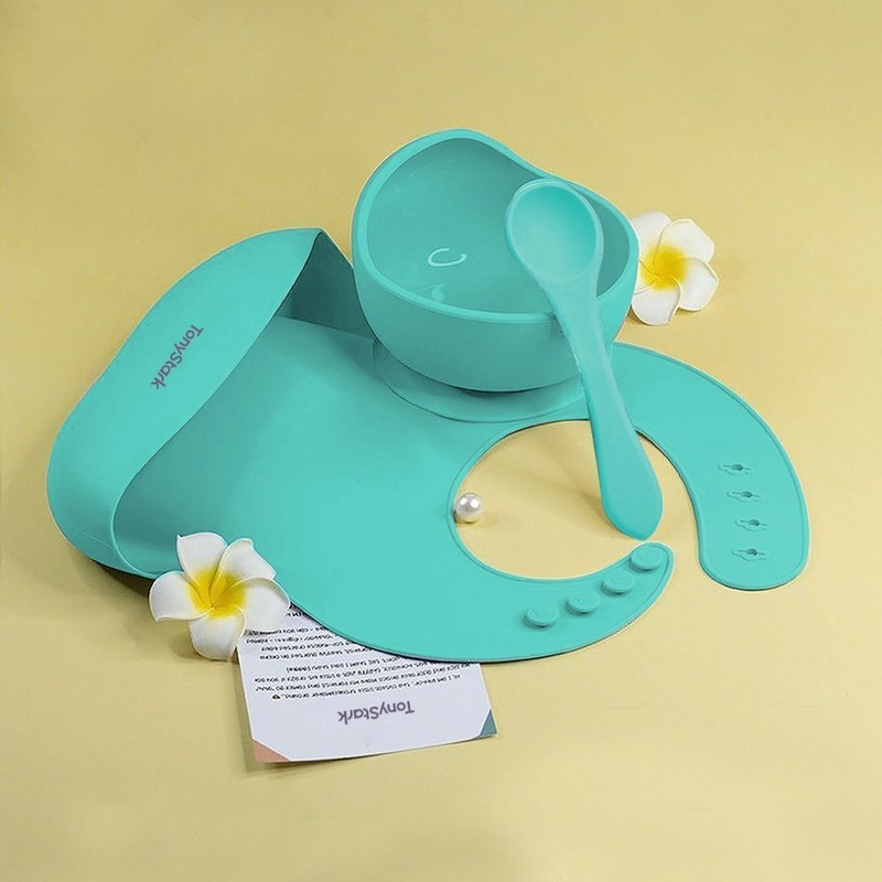 TONY STARK 3 Pcs Silicone Baby Feeding Set, Tableware Kit  - Feeding Bowl & Spoon, Bib for Kids, Toddler - Silicone(Cyan)