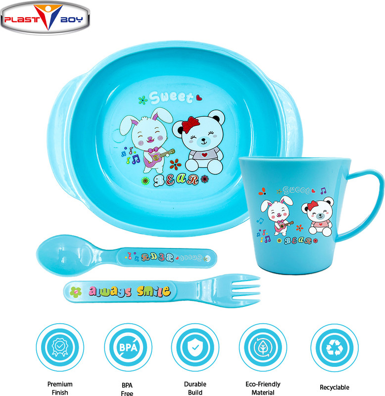 Plast Boy LLP Little Bite Baby Feeding Set for Kids BPA Free Plastic Bowl, Mug Set  - Polypropelyne(Blue)