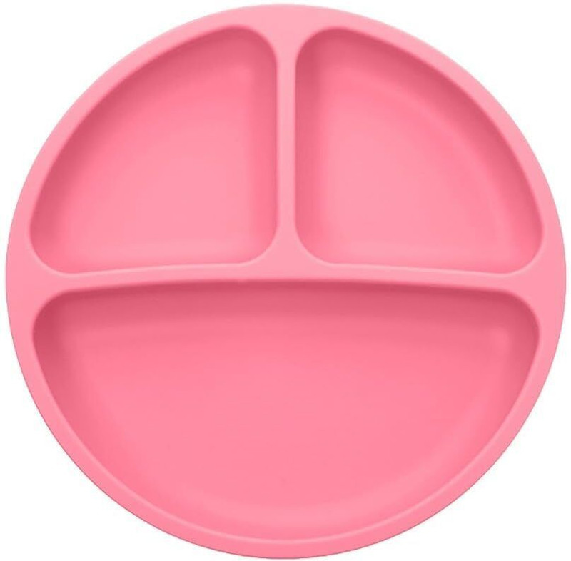 VLLLINFFRA Silicone Baby Plate with Suction Base, 20cm Round, 3 Sections  - SILICON(Pink)