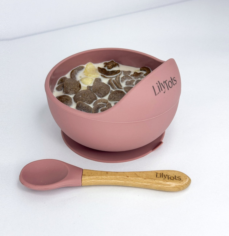 LilyTots Silicone Feeding Bowl & Spoon Set for Baby | Non Slip Suction Base | Food Grade  - Silicon Bowl with Soft Tip Wooden Handle Spoon, Soft on Gums, Suitable for 6+ Months(Rose Taupe)
