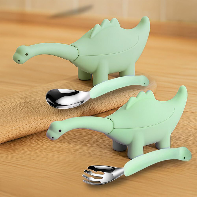 ONE AND ONLY Spoon Fork Set Steel Baby Feeding Spoon Set, Dino Kid Theme Silicone Handle Grip  - 304 Stainless Steel, BPA-Free Silicone(Green)