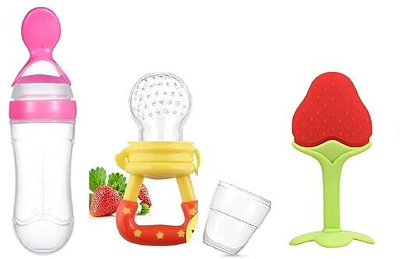 Saraswati kart Baby fruit nibbler with fruit teether & spoon feeding bottle for feeding (Set 3) - Silicone(Yellow)