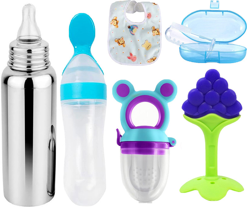 Muma's Love baby Steel milk bottle with Teether feeder and spoon feeder  - Silicone(Blue)
