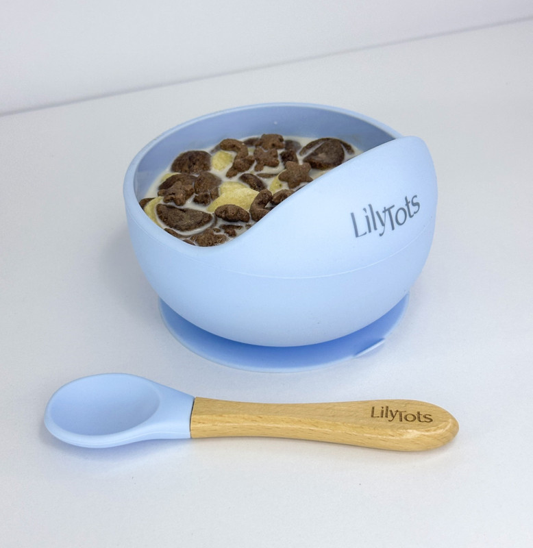 LilyTots Silicone Feeding Bowl & Spoon Set for Baby | Non Slip Suction Base | Food-Grade  - Silicon Bowl with Soft Tip Wooden Handle Spoon, Soft on Gums, Suitable for 6+ Months(Baby Blue)