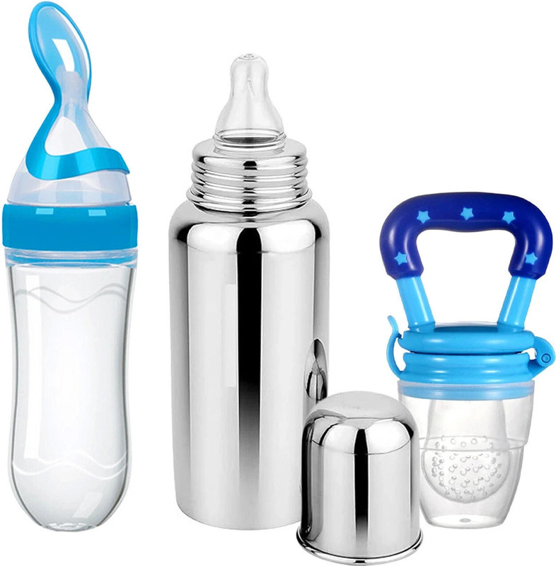Drisona' Pack Of 3 Set Combo- 240ml Stainless Steel Bottle | Spoon Bottle | Fruit Feeder - Silicone, Stainless Steel(Blue, Silver)