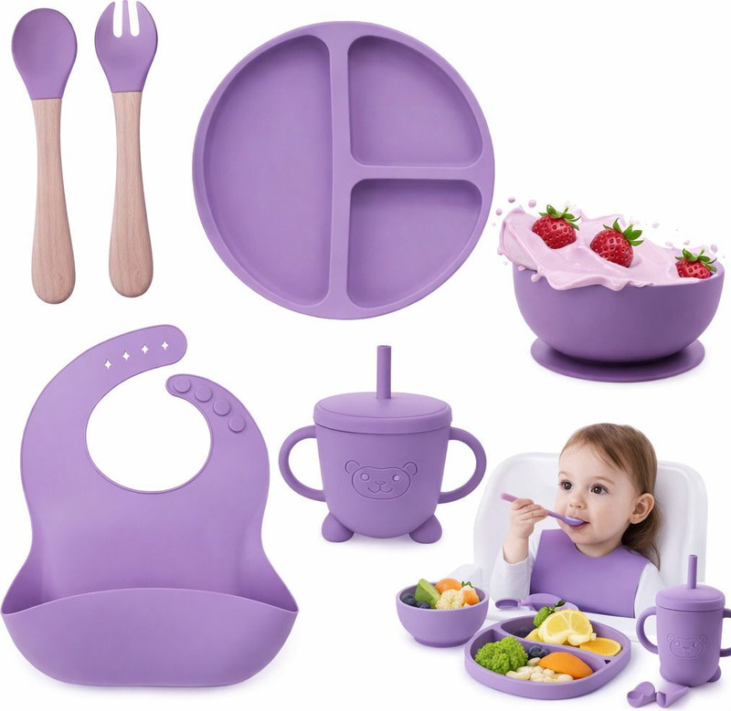 Tiny Shiny 6 Pcs Baby Feeding Set With Suction Plate, Bib, Spoon Fork & Cup  - Silicon(Purple)