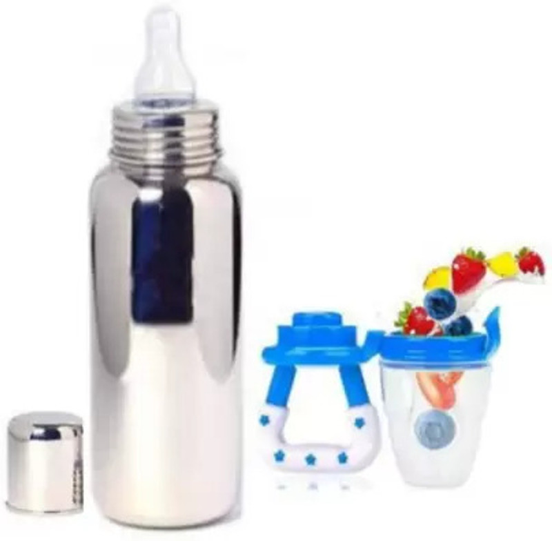 ECOM FASHION HUB New Baby Fedding Utensils Combo of Milk bottle,Feeder,Teether for Baby Care. - Silicon, Stainless Steel(Blue2)
