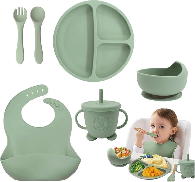 TRIVYOM 6pc Baby Feeding Set,Tableware Kit -Suction Plate, Bowl, Cup, Spoon, Fork & Bib - Silicone(Multicolor)